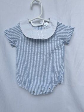 TC White Baby Romper with Blue Striped Trim and Embroidered W